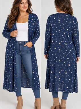 Rouge Collection Blue & Gold Star Print Long Duster Cardigan Plus Size 2X